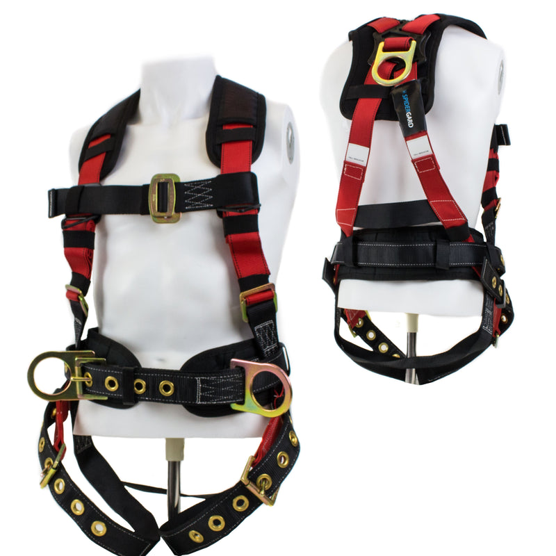 3 D-ring Construction Harness with Back Support and Tongue Leg Strap, Red and Black-SPH-C01-Spidergard-RK Safety