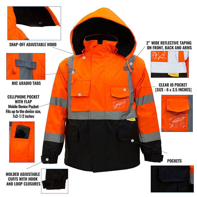 Men's Ansi Class 3 High Visibility Safety Bomber Jacket With Zipper, PVC Pocket, Black Bottom and Detachable sleeve- J8511-RK Safety-RK Safety