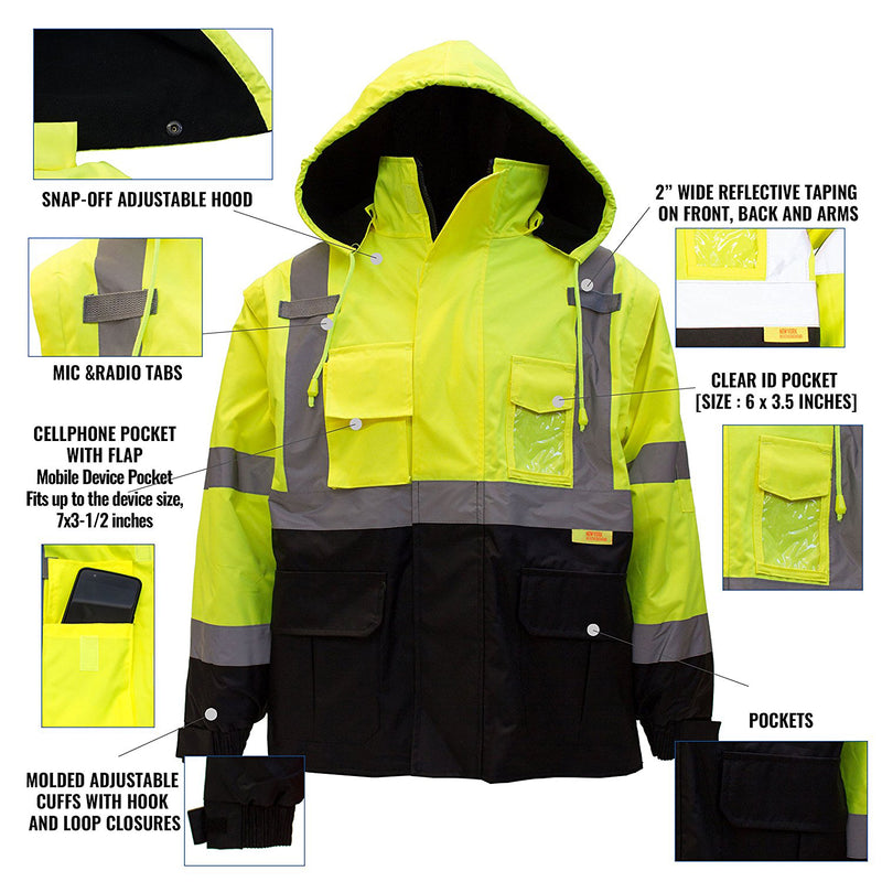 Men's Ansi Class 3 High Visibility Safety Bomber Jacket With Zipper, PVC Pocket, Black Bottom and Detachable sleeve - J8512-RK Safety-RK Safety