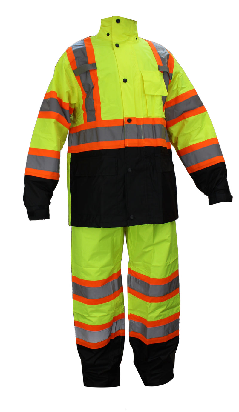 RK Safety RW-CLA3-TLM55/TOR77 Class 3 Rain suit, Jacket, Pants High Visibility Reflective Black Bottom with X Pattern-RK Safety-RK Safety