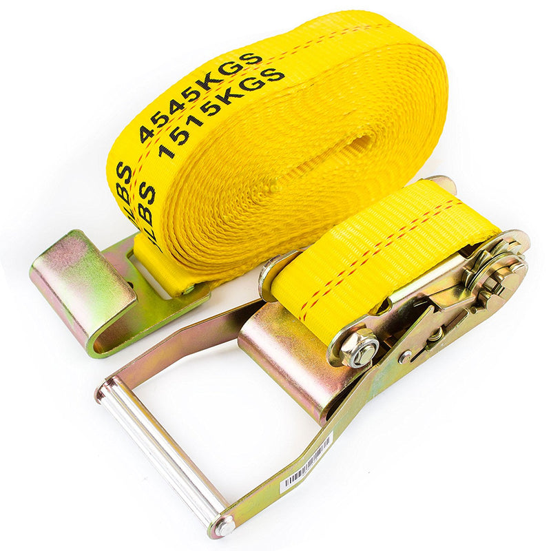 NK-RCF2X27 2" X 27ft Yellow Ratchet Strap with Flat Hooks-Long Wide Handle, Webbing with Print, Truck Cargo Tie Down(Yellow, 2" x 27", Qty:1)-NK-RK Safety