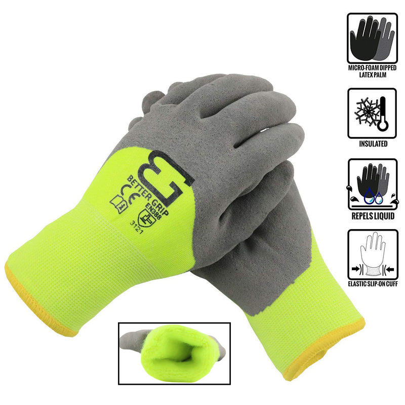 Better Grip BGWANS3/4 Safety Winter Insulated Double Lining Rubber Latex 3/4 Coated Work Gloves, 3 Pairs/Pack (Lime)-RK Safety-RK Safety