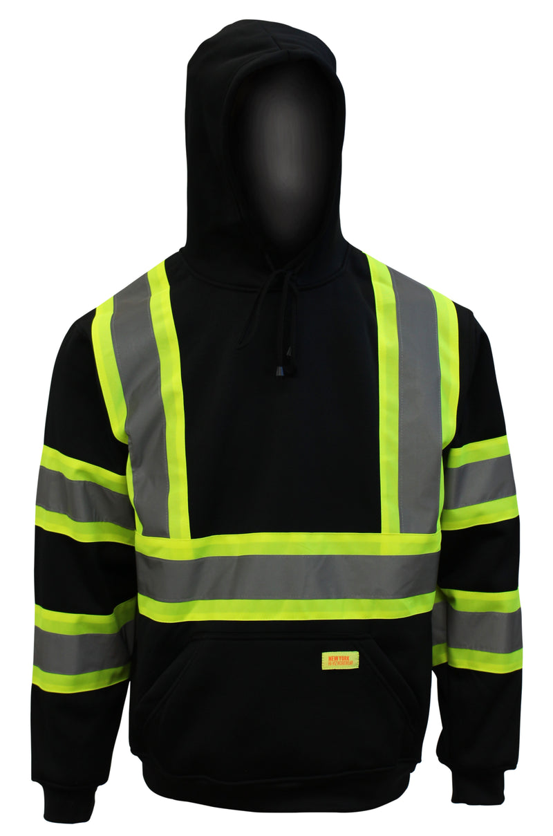 New York Hi-Viz Workwear H8313 Men's ANSI Class 1 High Visibility Class 3 Sweatshirt, Hooded Pullover, Knit Lining (Black)-RK Safety-RK Safety