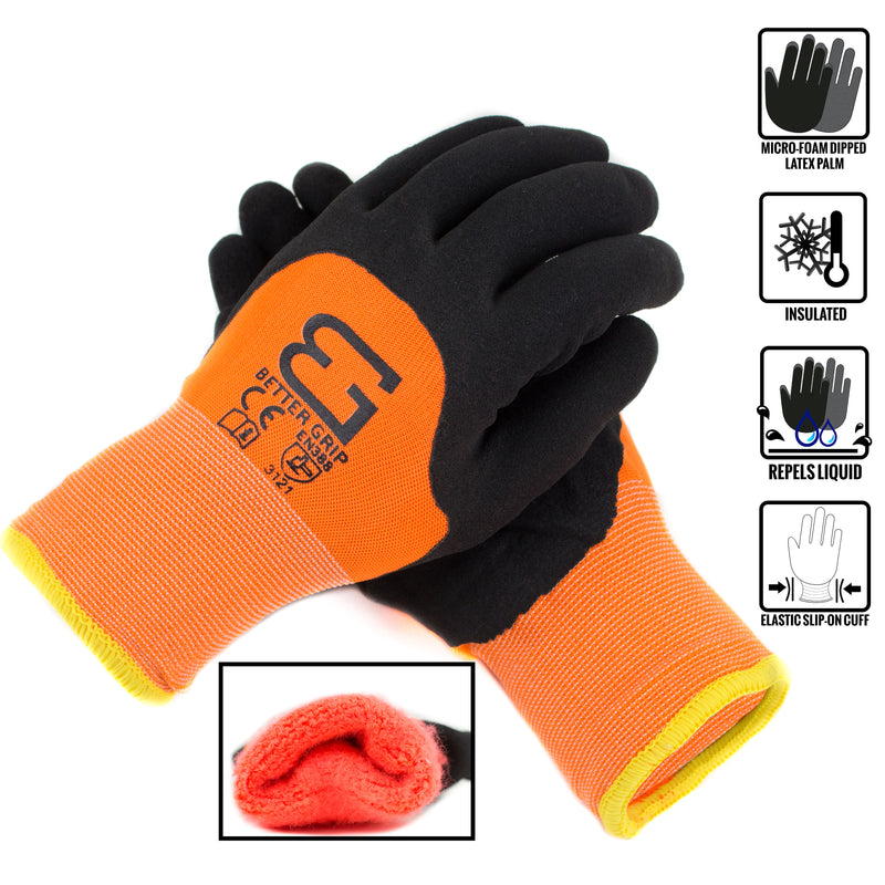 Better Grip Safety Winter Insulated Double Lining Rubber 3/4 Coated Work Gloves, 3 Pairs/ Pack - BGWANS3/4-OR-Better Grip-RK Safety