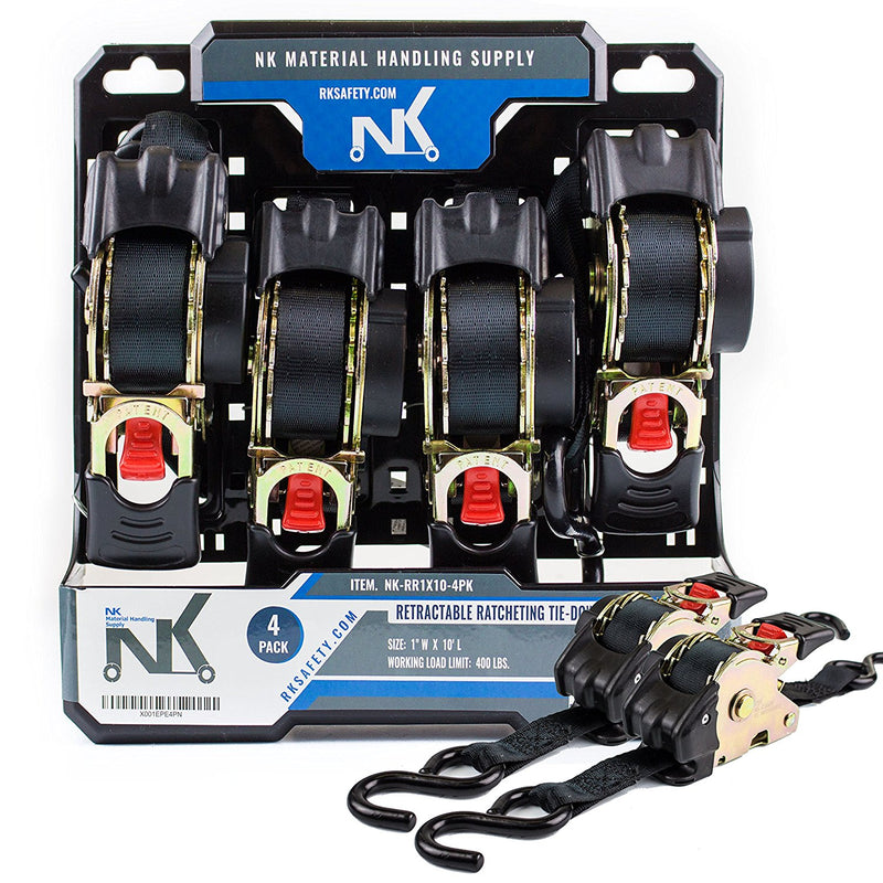 NK-RR1X10 1" x 10ft Pro Retractable Ratcheting Tie-Down Strap (Pack of 4)-NK-RK Safety
