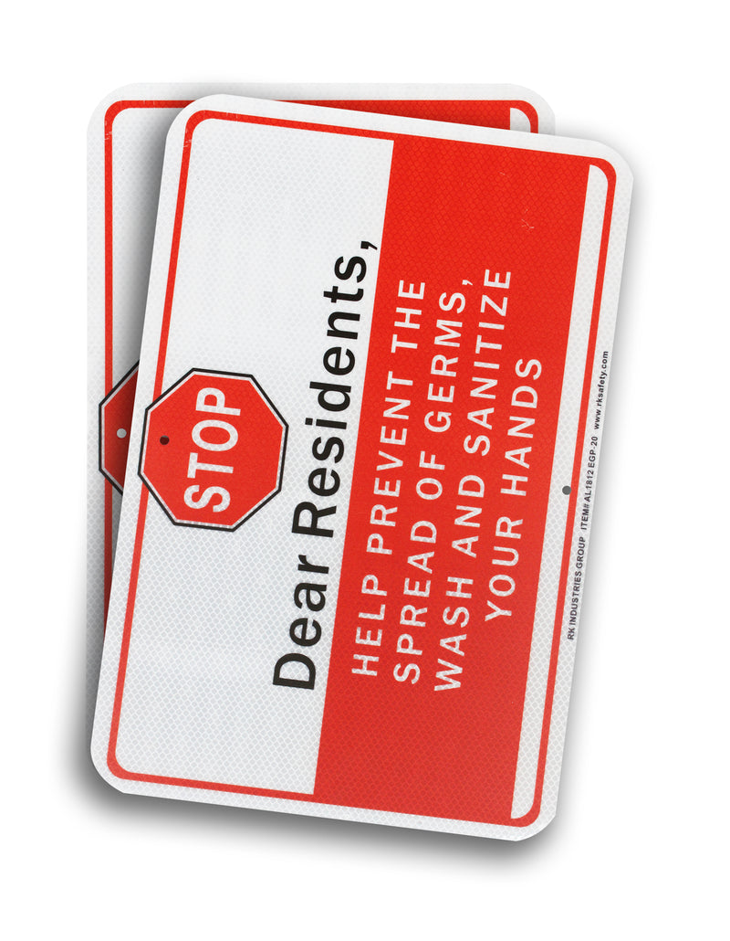 RK Safety COVID Sign AL1812 EGP-20 Stop Dear RESIENTS, Help Prevent The Spread of GERMSEngineer Grade Reflective Aluminum Sign, 12" x 18"-RK Safety-RK Safety