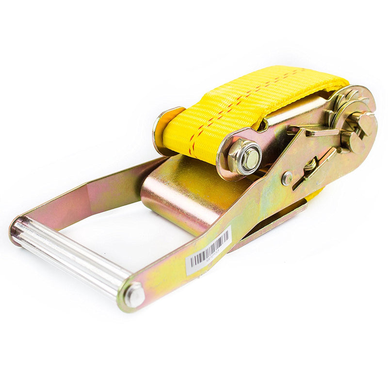 NK-RCF2X27 2" X 27ft Yellow Ratchet Strap with Flat Hooks-Long Wide Handle, Webbing with Print, Truck Cargo Tie Down(Yellow, 2" x 27", Qty:1)-NK-RK Safety