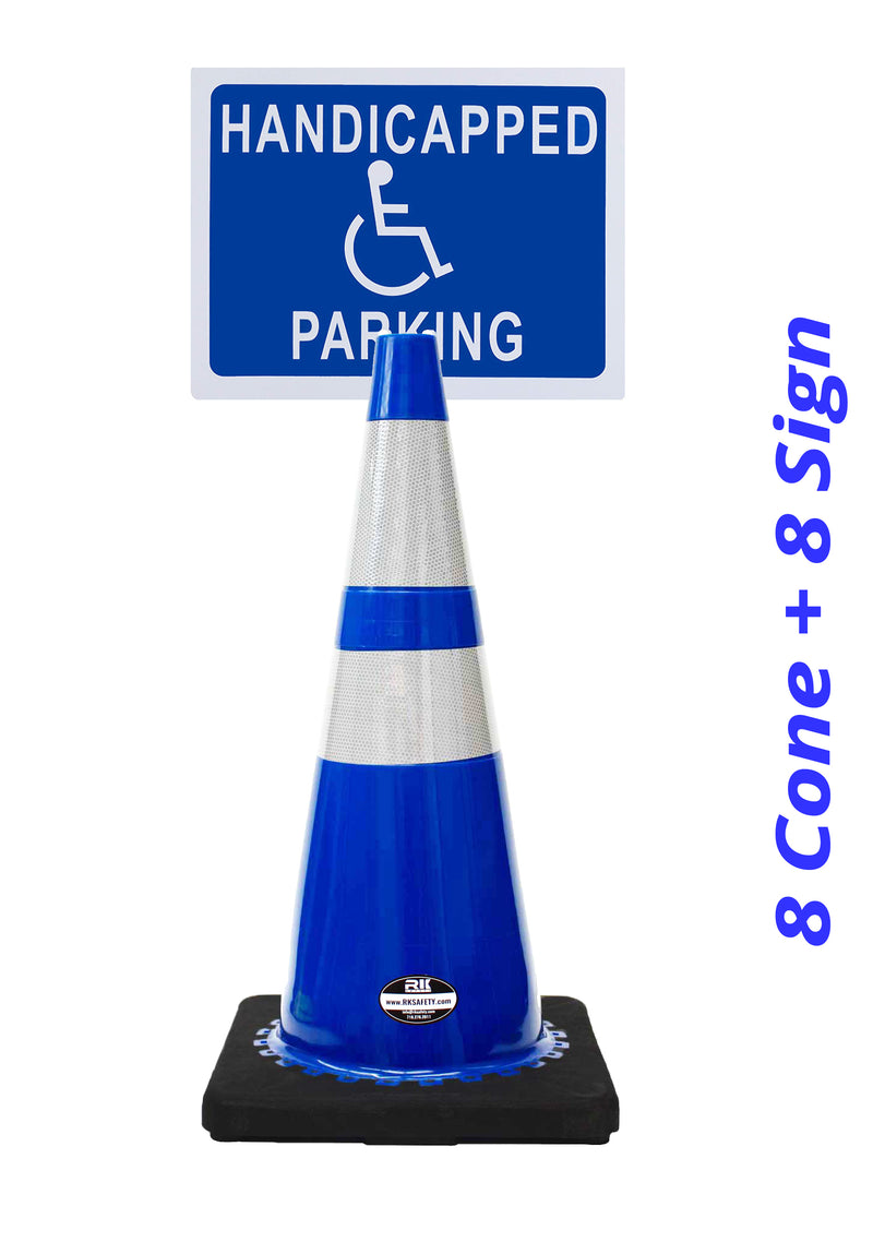 RK-Safety 28" Blue Cone, Black base With Two Reflective Tape, Plus Cone Sign 40 "Handicapped Parking", (Cone-8 ea + Cone Sign-8 ea)-RK Safety-RK Safety