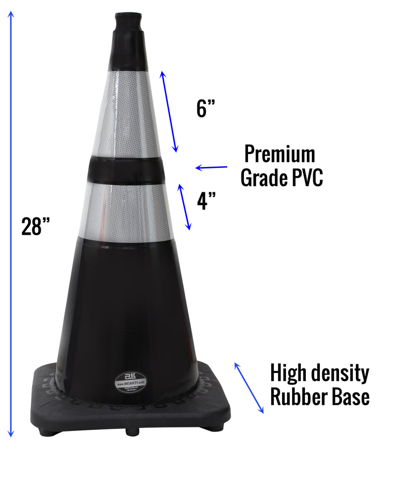 28" RK Black Safety Traffic PVC Cones, Black Base with Two Reflective Collar…-RK Safety-RK Safety