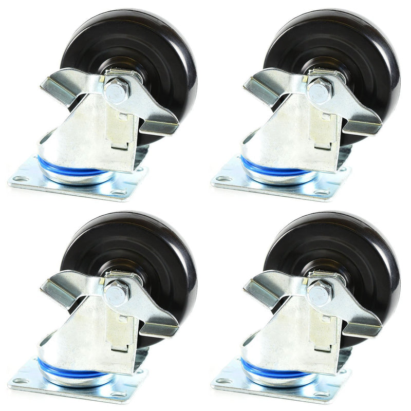 NK 4 Inch Low Profile Hard Rubber Wheel Swivel Plate Casters With Brake - CHR4SSBRRE-4-NK-RK Safety