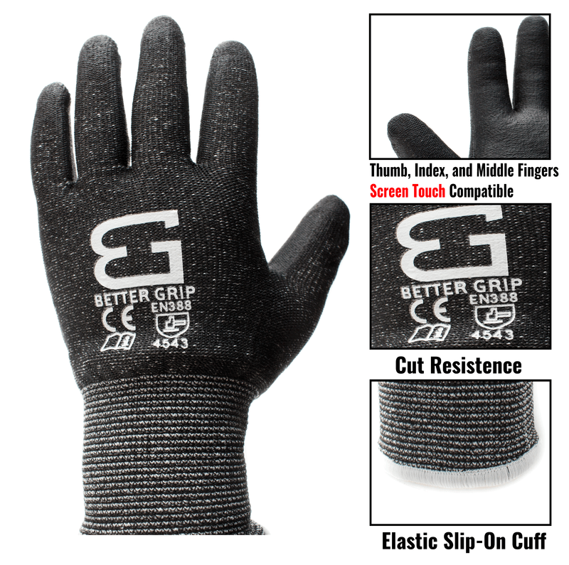 Level 5 Cut Resistant Shell PU Coating Work Gloves for Smart Phone-BK-Better Grip-RK Safety
