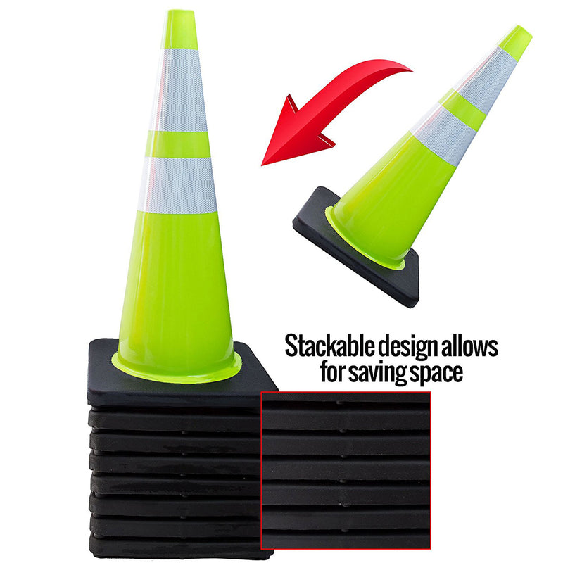 (Set of 8) 28" Lime Traffic Cones with 6" + 4" Reflective Collars, Black Base-RK Safety-RK Safety