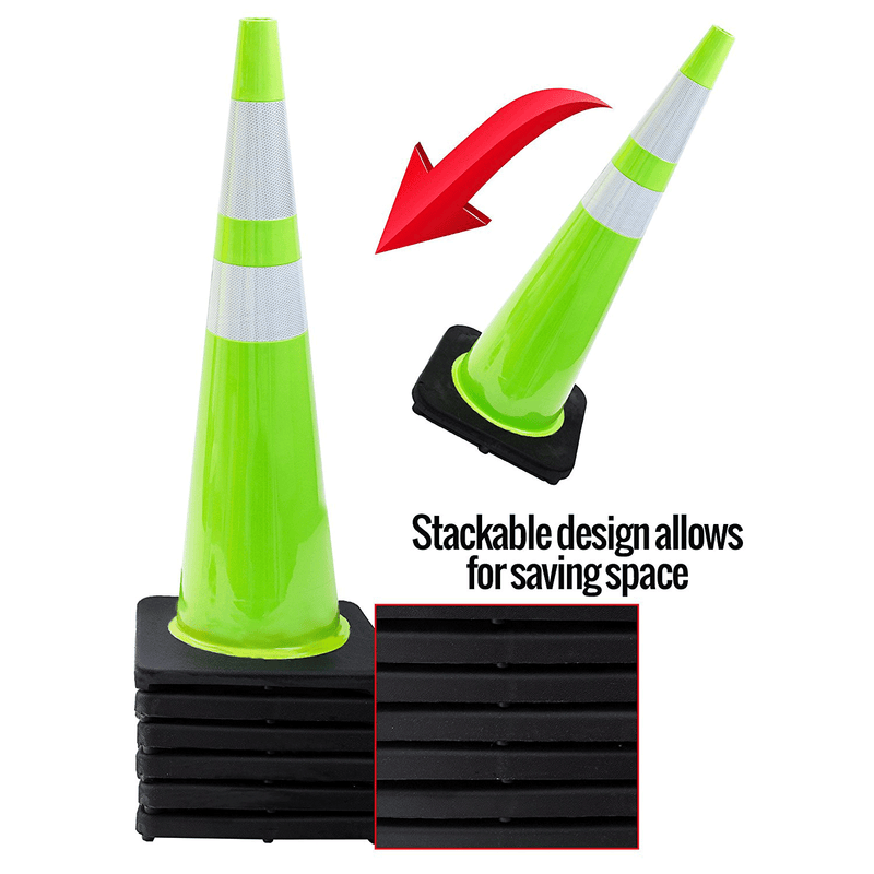 (Set of 6) 36" Lime Traffic Cones, Two Reflective Collars-RK Safety-RK Safety