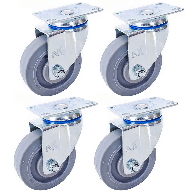 Set of 4 NK Swivel Plate Caster with 4" x 1-1/4" Non Marking Soft Gray Rubber TPR Wheel-NK-RK Safety