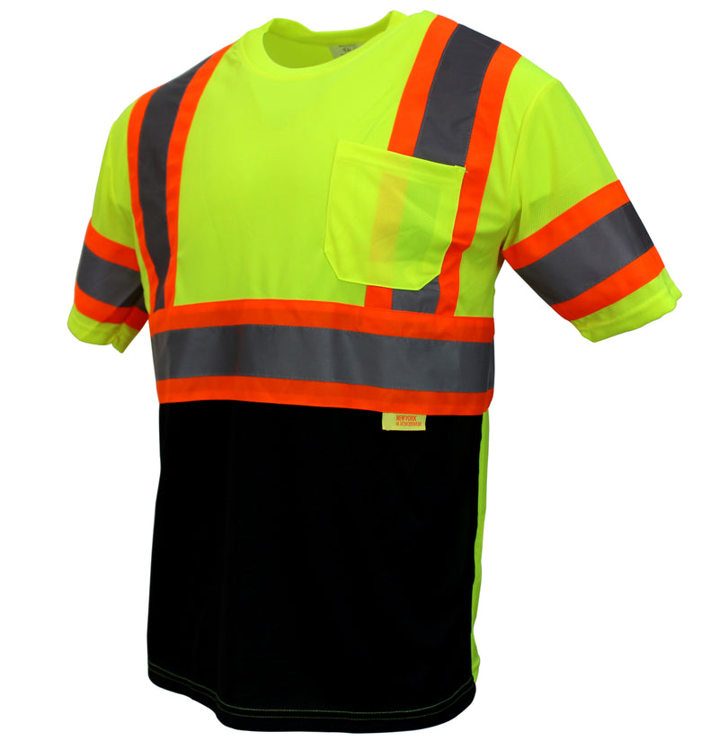 NY BFS-T5511,12 & 13 High-Visibility Class 3 T Shirt with Moisture Wicking Mesh Birdseye, Black Bottom (Lime, Orange & Black)-RK Safety-RK Safety