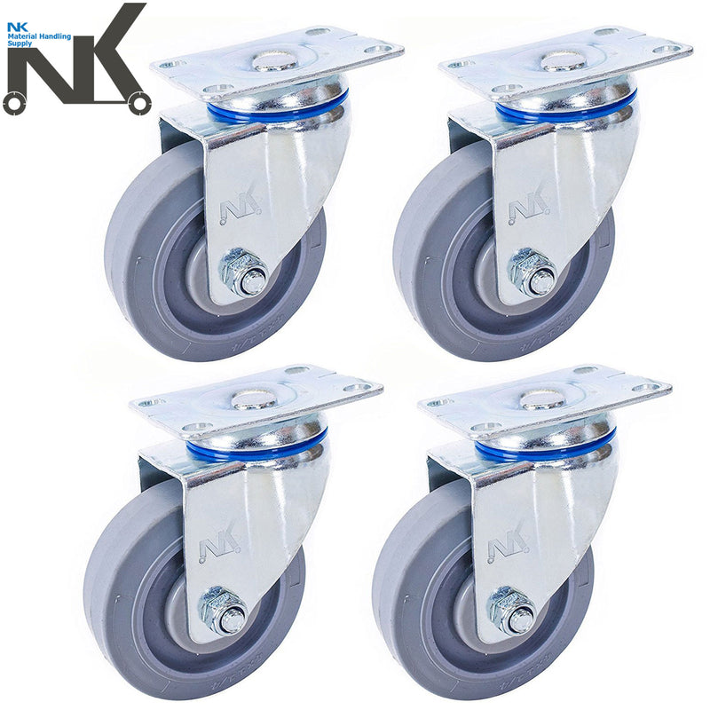 Set of 4 NK Swivel Plate Caster with 4" x 1-1/4" Non Marking Soft Gray Rubber TPR Wheel-NK-RK Safety