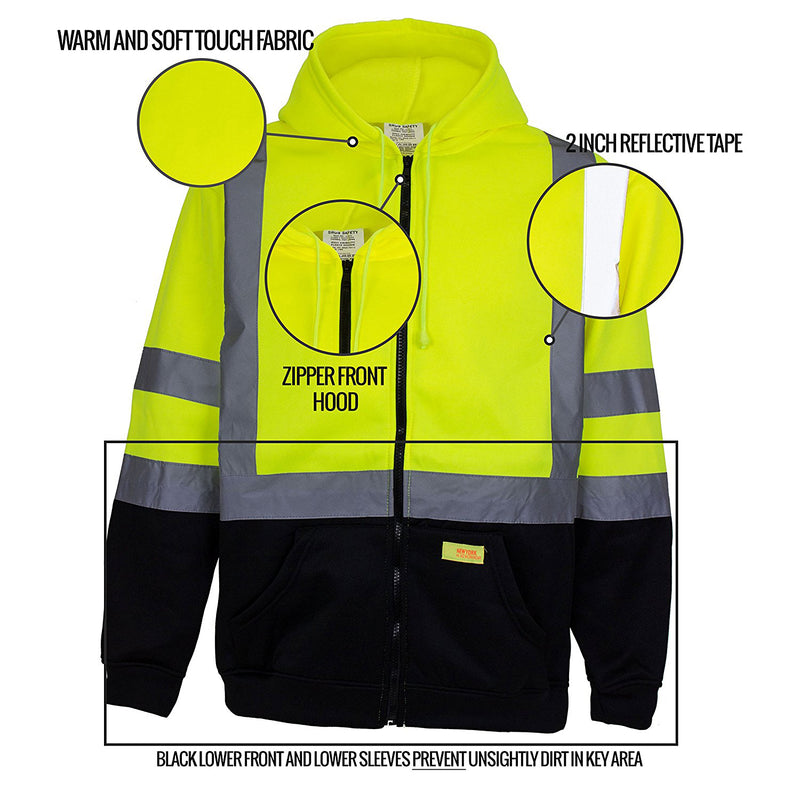 ANSI Class 3 High Visibility Sweatshirt Full Zip Hooded -H9012-New York Hi-Viz Workwear-RK Safety