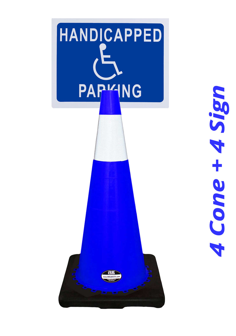 RK-Safety 28" Blue Cone, Black base With One 6" Reflective Tape, Plus Cone Sign 40 "Handicapped Parking", (Cone-4 ea + Cone Sign-4 ea)-RK Safety-RK Safety