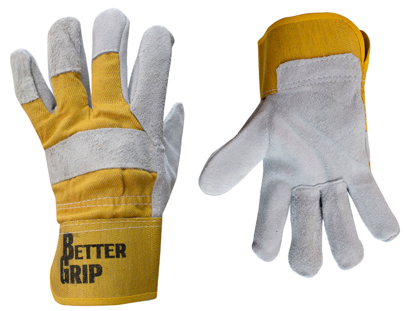 Better Grip Grey cow split leather, Full palm Gloves, Poly/Cotton Rubberized Cuff, Natural Pearl Large-RK Safety-RK Safety