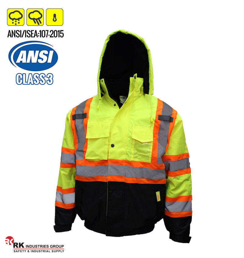 New York Hi-Viz Workwear WJX7012 Men's ANSI Class 3 High Visibility Bomber Safety Jacket with X pattern, Waterproof (Lime)-RK Safety-RK Safety