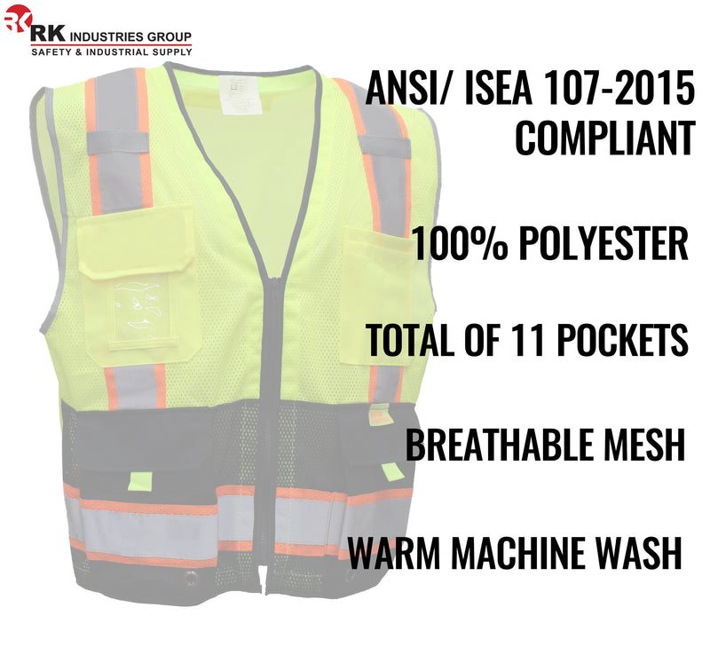 RK Safety P5511/P5512 Class 2 High Visible Two Tone Reflective Strips Breathable Mesh Vest, Pockets Harness D-Ring Pass Thru, ANSI/ISEA, Construction Motorcycle Traffic Emergency X pattern (Orange/Lime)-RK Safety-RK Safety