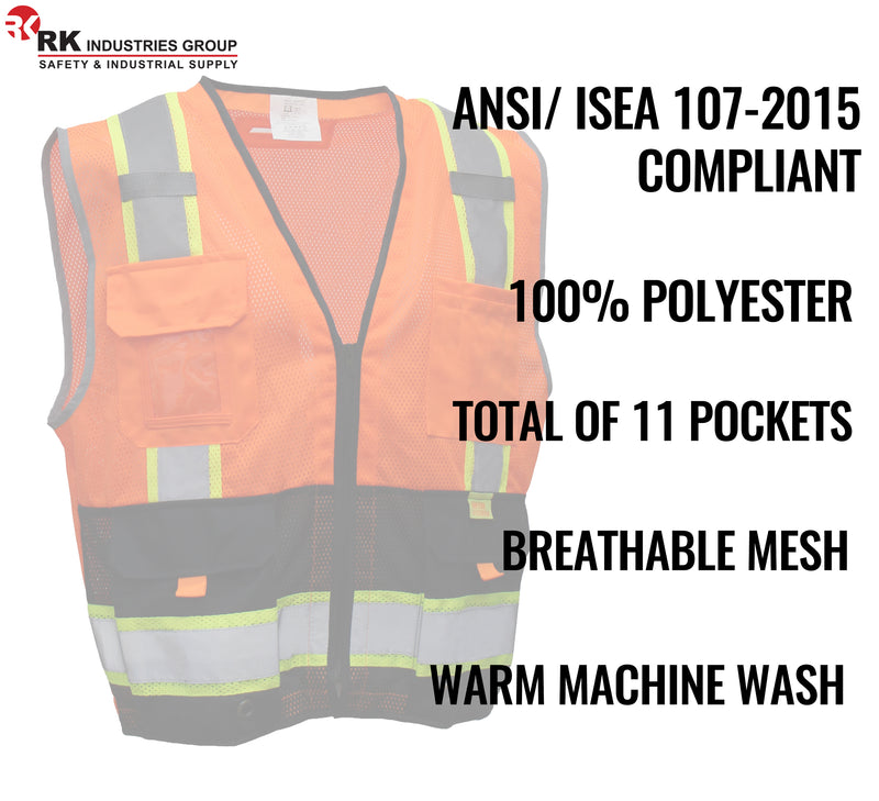 RK Safety P5511/P5512 Class 2 High Visible Two Tone Reflective Strips Breathable Mesh Vest, Pockets Harness D-Ring Pass Thru, ANSI/ISEA, Construction Motorcycle Traffic Emergency X pattern (Orange/Lime)-RK Safety-RK Safety