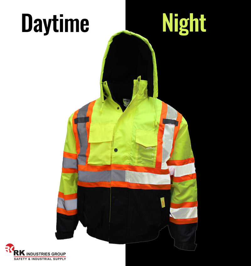 New York Hi-Viz Workwear WJX7012 Men's ANSI Class 3 High Visibility Bomber Safety Jacket with X pattern, Waterproof (Lime)-RK Safety-RK Safety