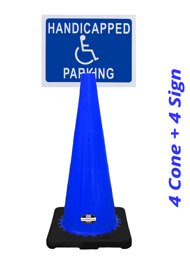 RK-Safety 28" Blue Cone, Black base without Reflective Tape, Plus Cone Sign 40 "Handicapped Parking", (Cone-4 ea + Cone Sign-4 ea)-RK Safety-RK Safety