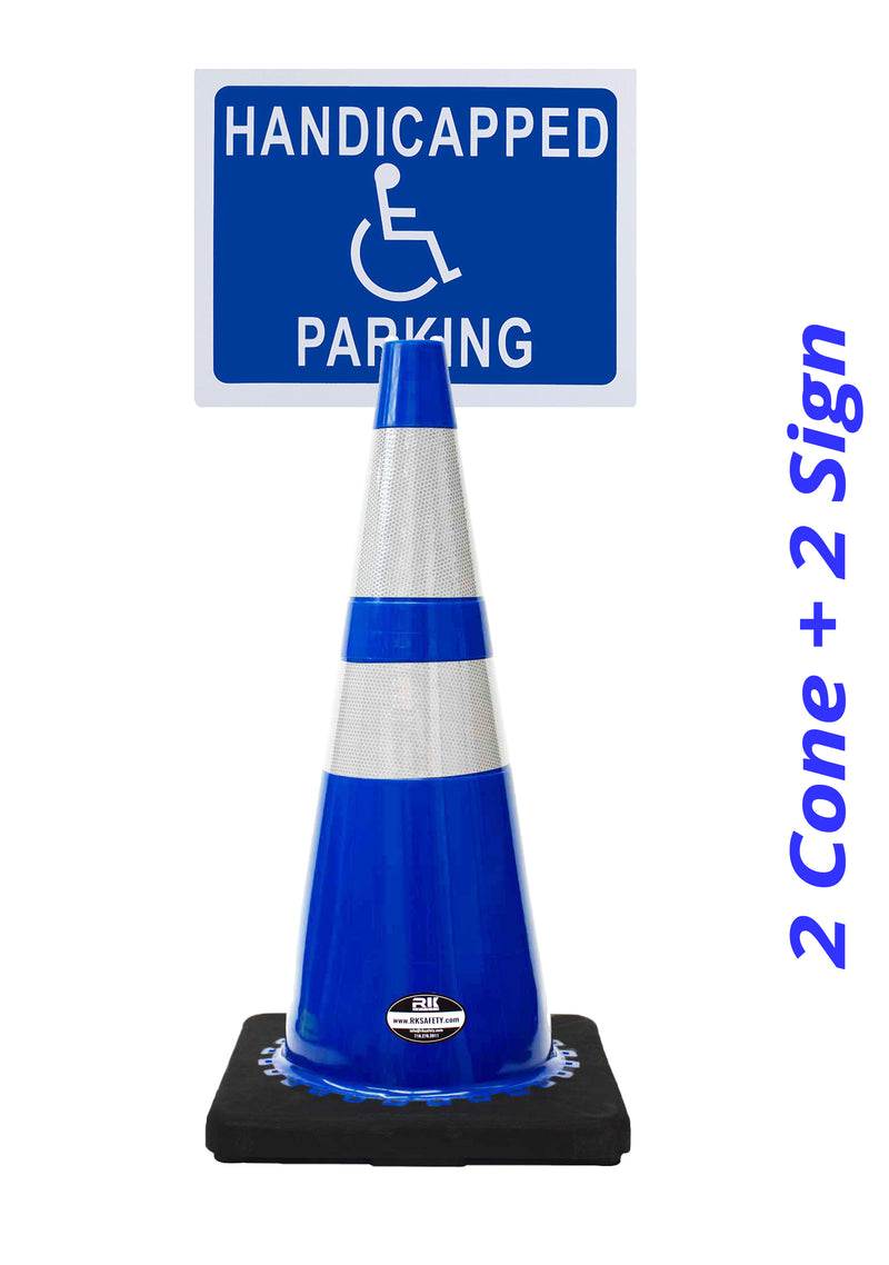 RK-Safety 28" Blue Cone, Black base With Two Reflective Tape, Plus Cone Sign 40 "Handicapped Parking", (Cone-2 ea + Cone Sign-2 ea)-RK Safety-RK Safety