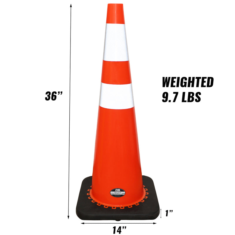 36" RK Orange Safety PVC Traffic Cone, Black Base with 6" + 4" Reflective Collars,Black Base…-RK Safety-RK Safety