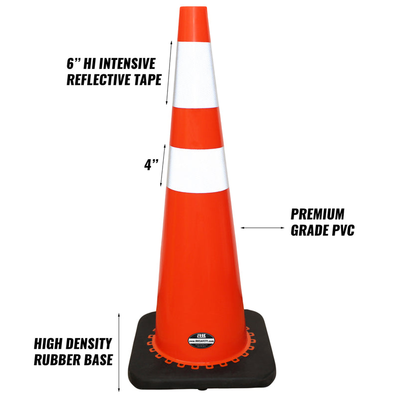 36" RK Orange Safety PVC Traffic Cone, Black Base with 6" + 4" Reflective Collars,Black Base…-RK Safety-RK Safety