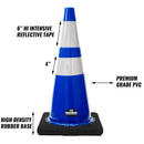 28" RK Blue Safety Traffic PVC Cones Two Tapes , Black Base with Two Reflective Collar-RK Safety-RK Safety