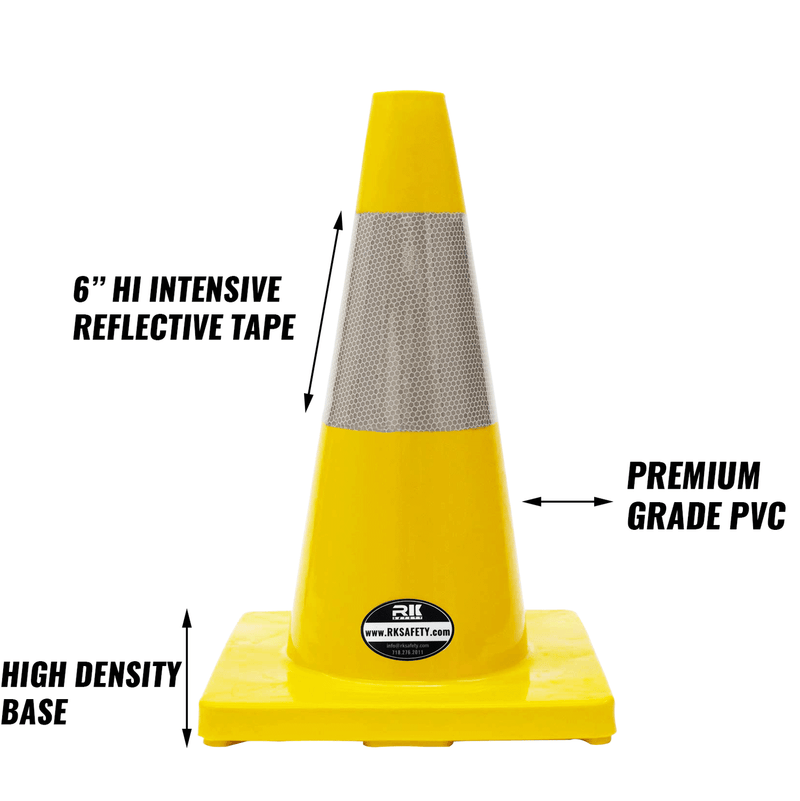 18" RK Yellow Safety Traffic PVC Cones, Yellow Base with One Reflective Collar-RK Safety-RK Safety