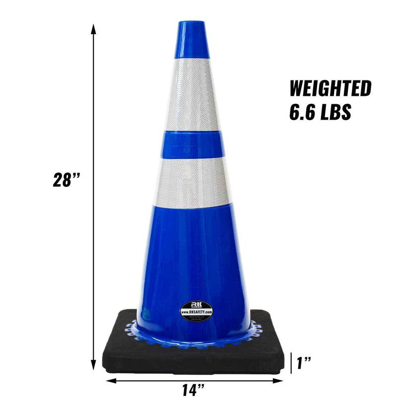 28" RK Blue Safety Traffic PVC Cones Two Tapes , Black Base with Two Reflective Collar-RK Safety-RK Safety
