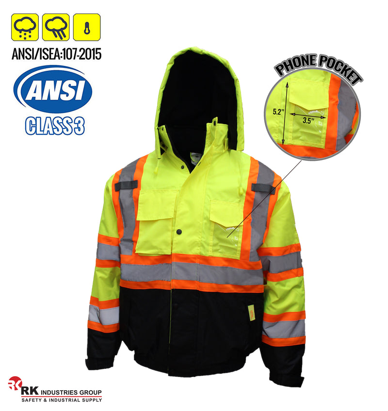 New York Hi-Viz Workwear WJX7012 Men's ANSI Class 3 High Visibility Bomber Safety Jacket with X pattern, Waterproof (Lime)-RK Safety-RK Safety
