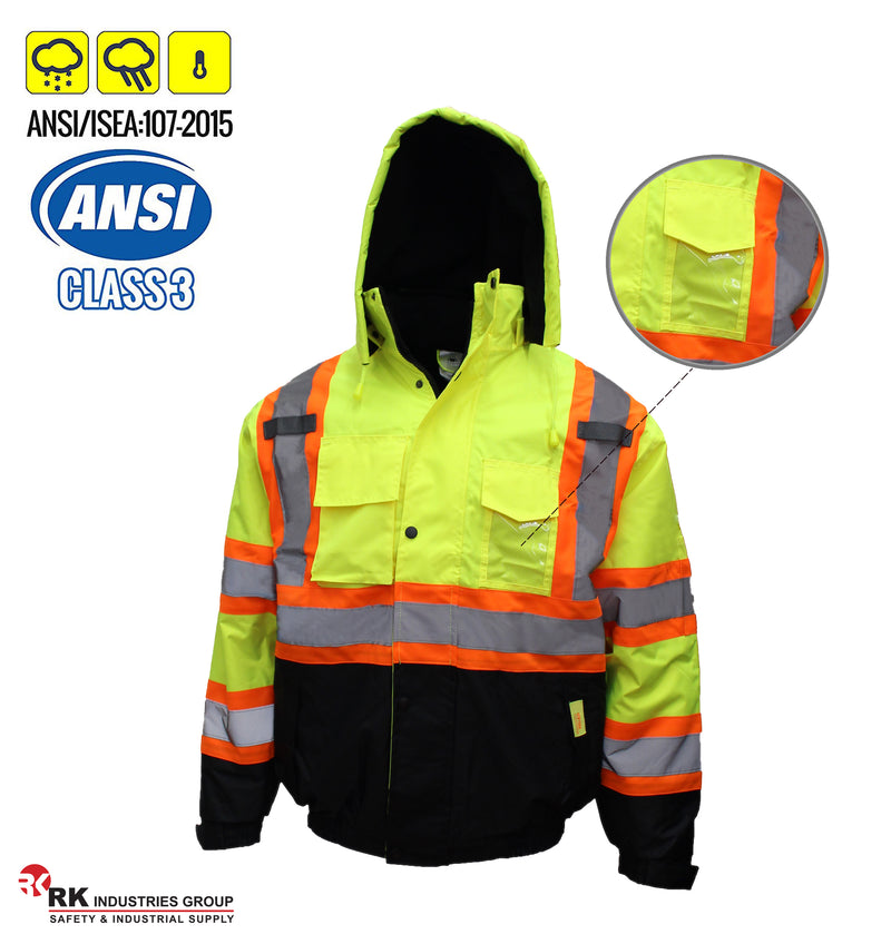 New York Hi-Viz Workwear WJX7012 Men's ANSI Class 3 High Visibility Bomber Safety Jacket with X pattern, Waterproof (Lime)-RK Safety-RK Safety